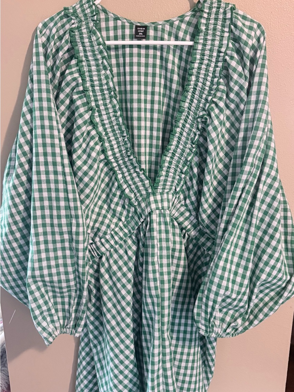 SHEIN Green & White Gingham Ruffle Tie-Front Romper